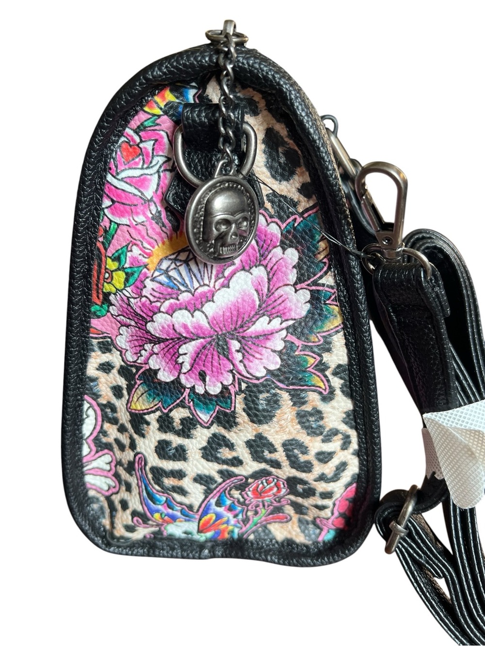 Ed Hardy Black Leopard Print Floral Skull Satchel - Black - Picture 5 of 10